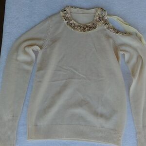 PHILLIP LIM ivory knit wool & yak, hand-bead, silk collar sweater size sm